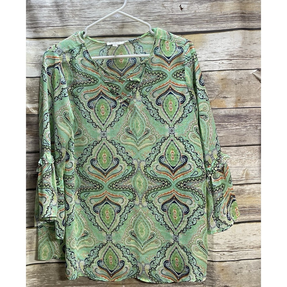 Umgee women's Medium floral Green Long sleeve‎ Sheer Blouse Shirt EUC Boho